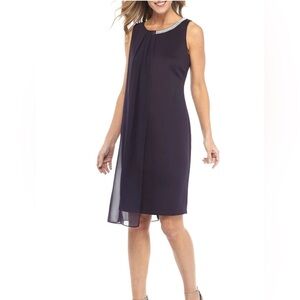 Dark Purple Chiffon Sleeveless Shift Dress Beaded Scoop Neck Knee Length Women